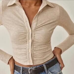 Reformation Elin Ribbed Knit Gathered Top in Marble Estimated Size XS